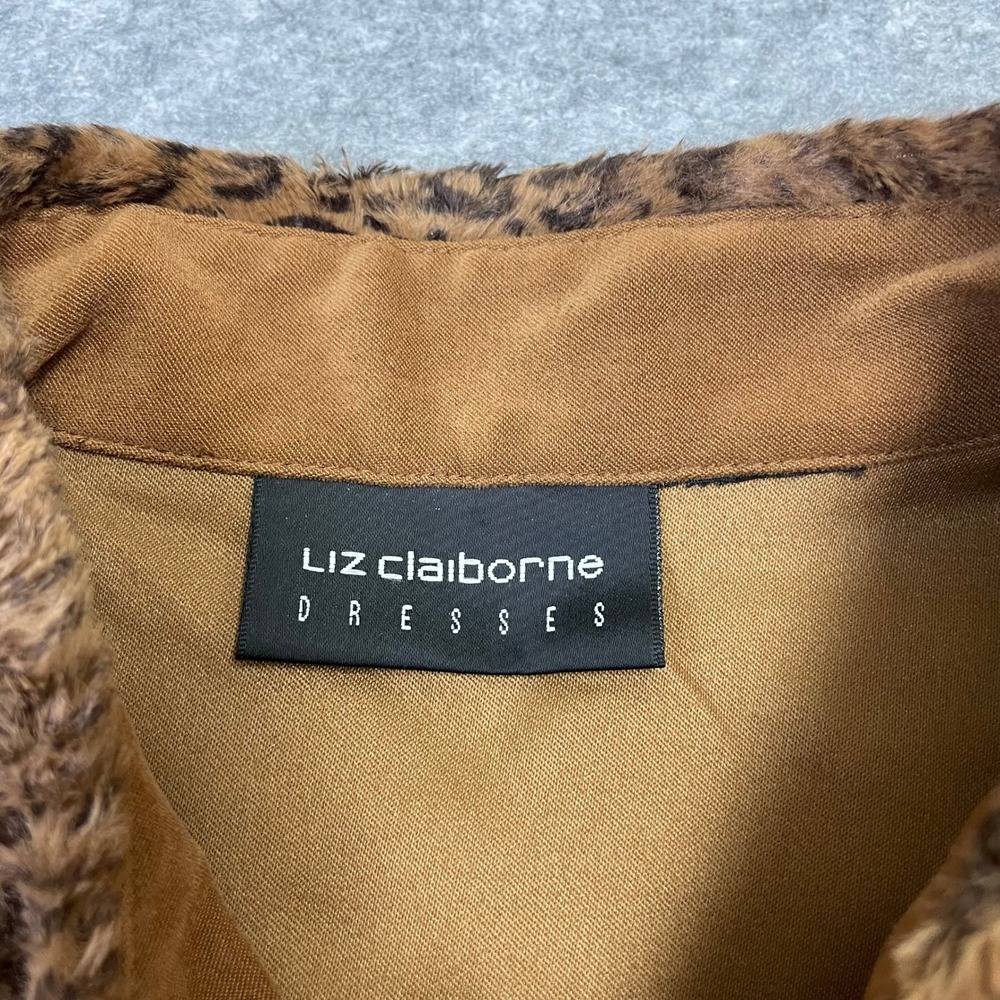 VTG Liz Claiborne Faux Suede Maxi Dress 10 Tan Brown Leopard Faux Fur Collar - Picture 6 of 16